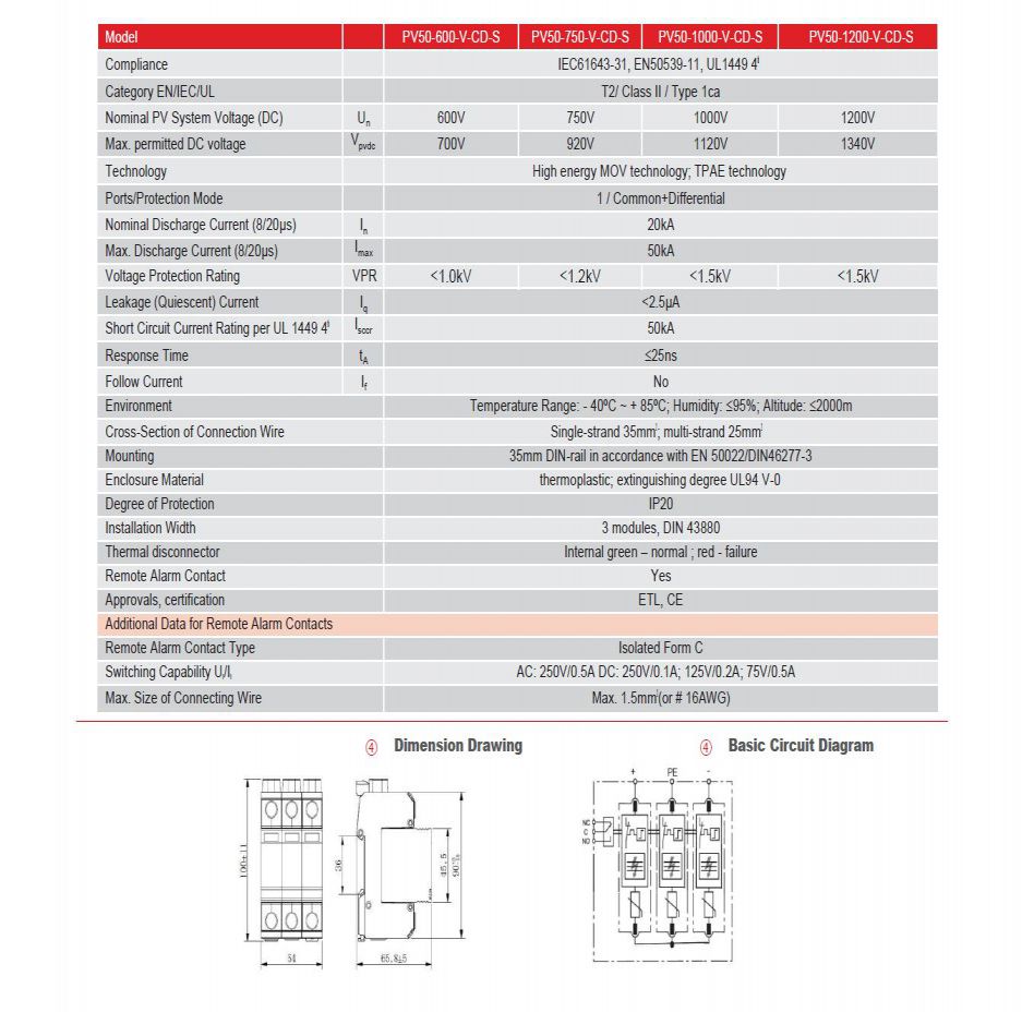 PV50-1000-V-CD-S Type 1 PV SPD
